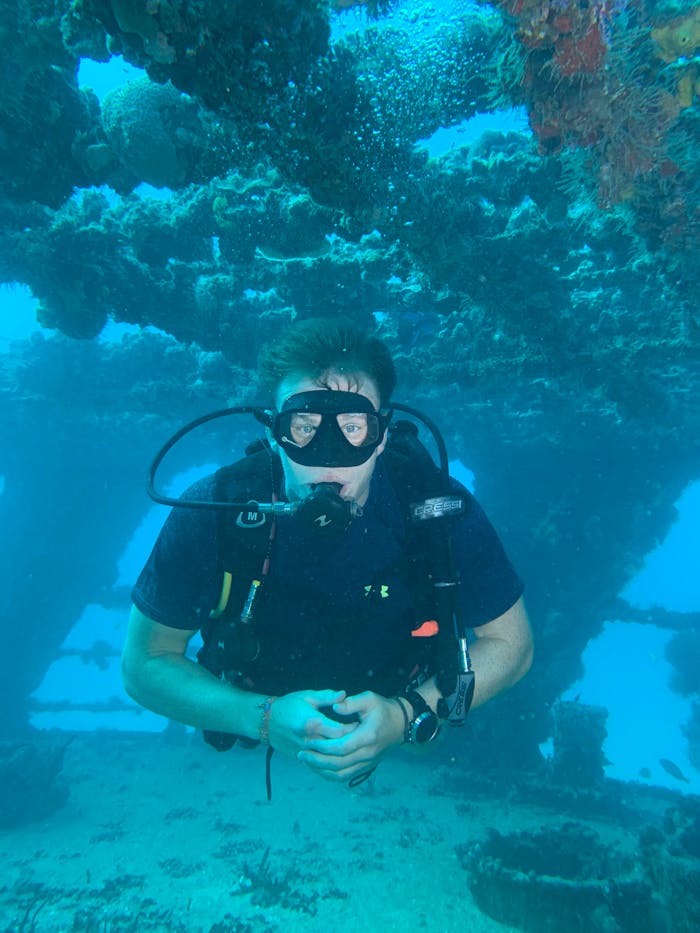 Scuba diver exploring underwater coral reefs with clear ocean background.